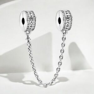 Authentic Pandora Bangle Bracelet Safety Chain 925 Sterling Silver Logo Pandora